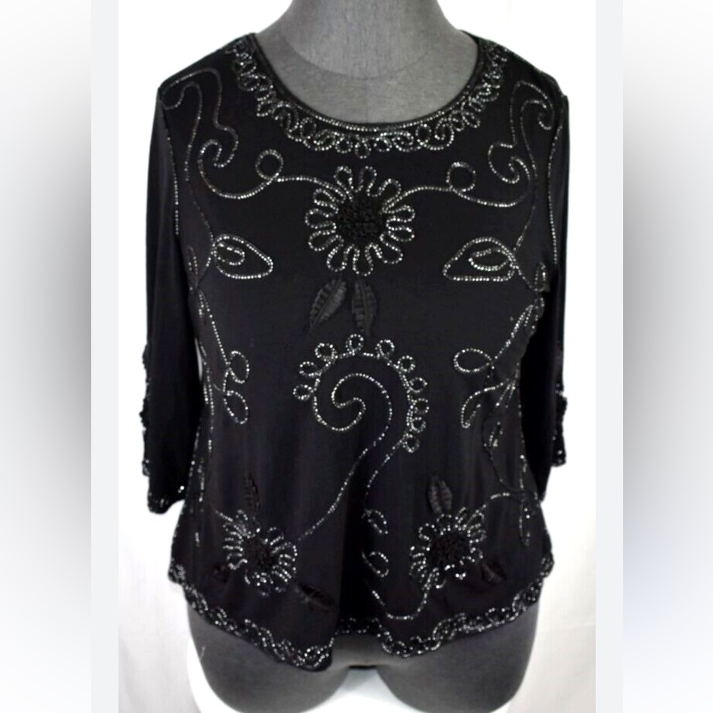 Investments li Scoop neck Black/Silver Embroidered Textured 3/4 sleeve Blouse 3X